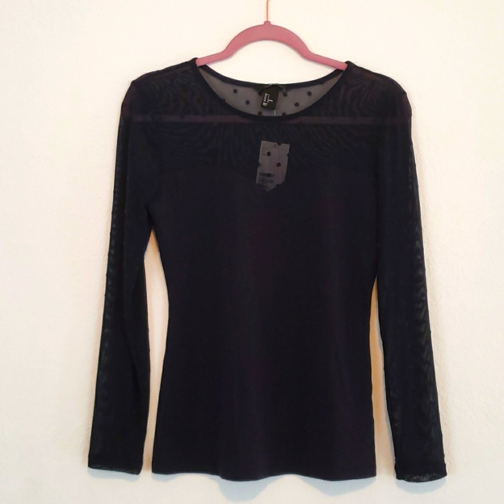 NWT H&M Polka Mesh Shirt Dark Blue Long Sleeve Crew Neck Shirt